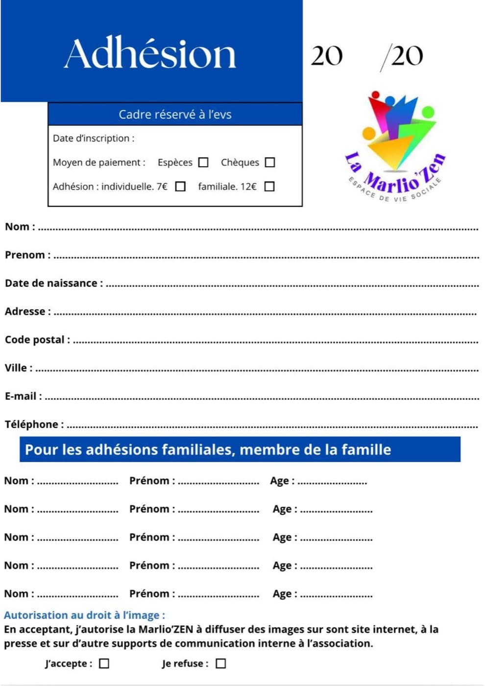Bulletin d'adhésion de La Marlio'Zen à imprimer et à remplir